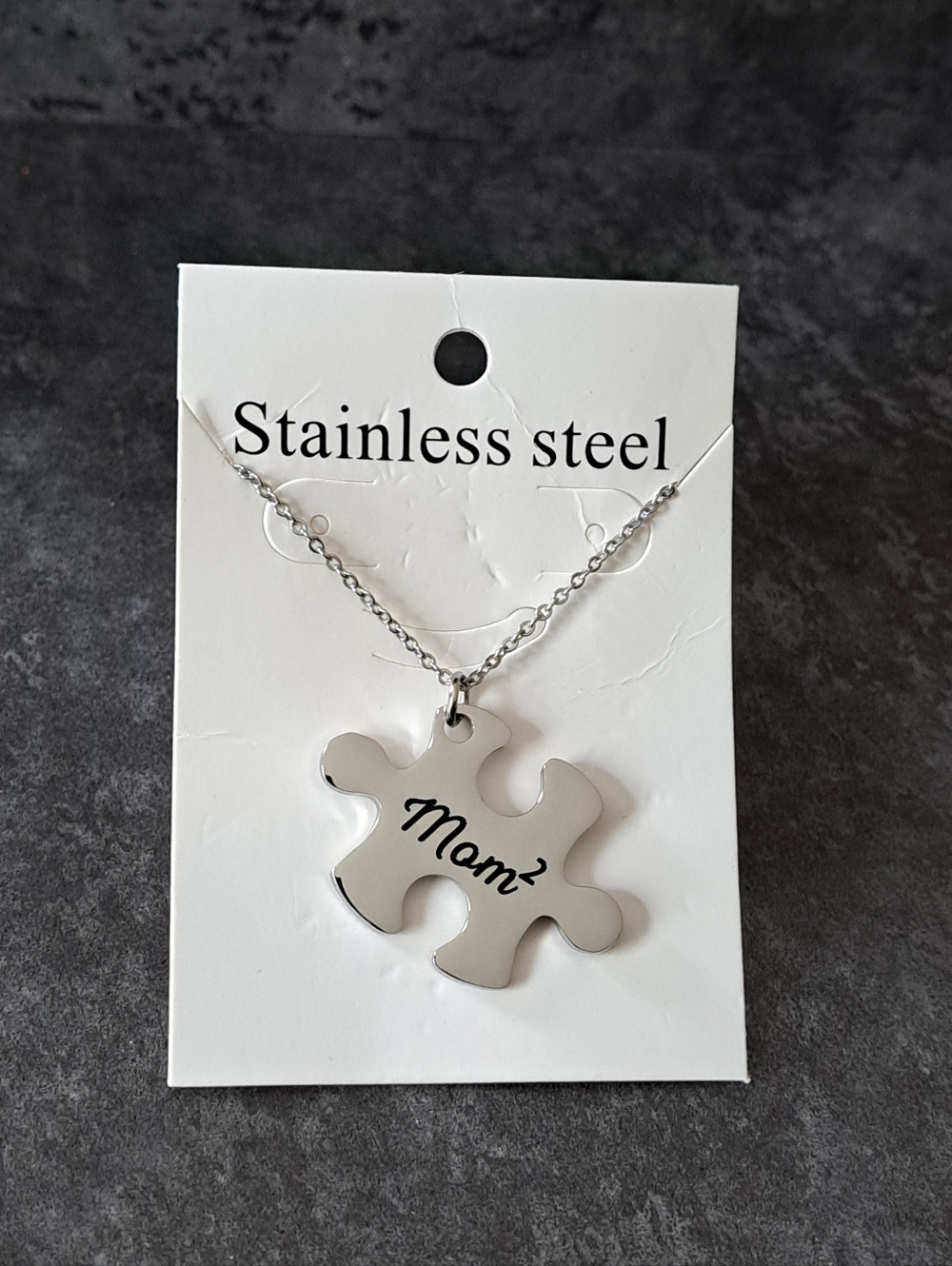Stainless Steel 'Mom' Puzzle Piece Necklace - Silver